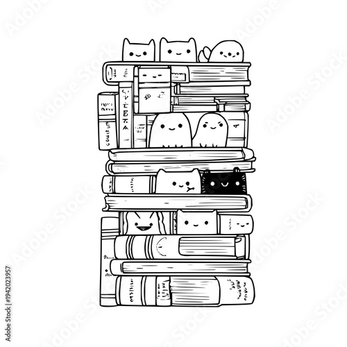 Cats Sitting on Stack of Books with Smiling Faces