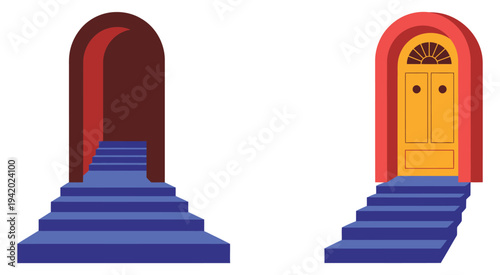 cartoon illustration of two doorways with steps, vibrant red and blue vector illustration, scalable graphics for digital content