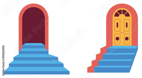  cartoon illustration of two doorways with steps, red and blue design, playful vector art for kids’ books, educational materials, game interfaces