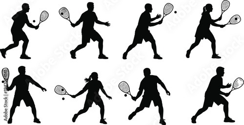 Tennis player silhouette set, men and women playing tennis racket swing serve sport action isolated vector illustration collection