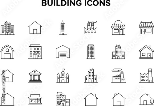 Set of minimal thin line building icons including house, office, factory, store, warehouse, castle, and residential architecture for real estate.