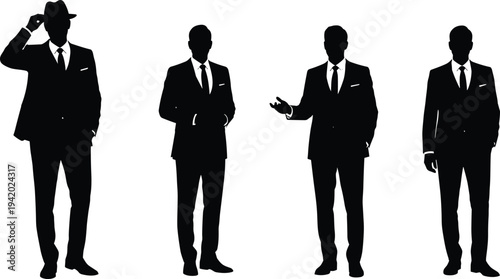 Businessmen silhouettes in formal suits showing professional poses including greeting presentation and standing gestures corporate leadership business people vector illustration set