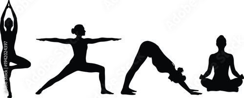 Yoga poses silhouette set, woman practicing meditation fitness stretching warrior tree downward dog lotus pose healthy lifestyle vector illustration