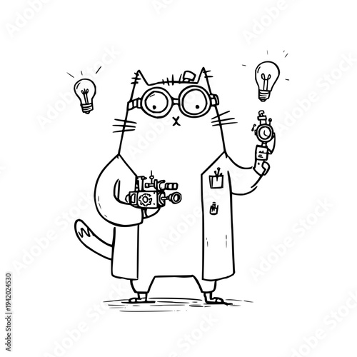 Cat Inventor Holding Robot Light Bulb Ideas