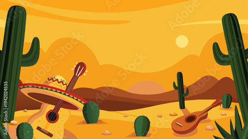 A vibrant desert landscape under a warm sunset sky with cacti and rolling hills