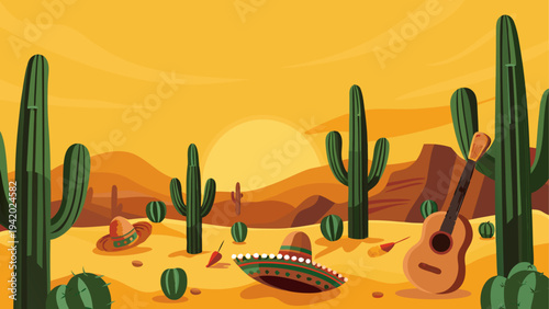A desert landscape featuring silhouetted cacti under a warm sunset sky