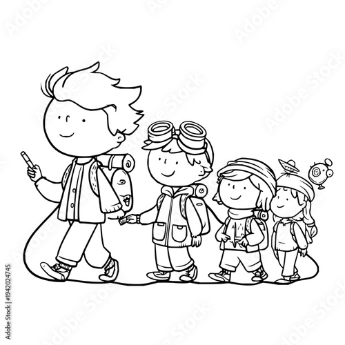 Children Hiking with Backpacks and Bird on Shoulder in Black and White Line Art