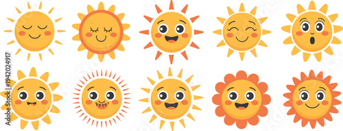 Set of ten cute sun characters with happy facial expressions featuring smiling laughing and winking faces for children summer designs