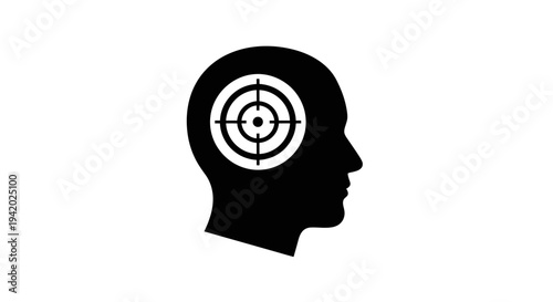 Silhouette of a human head with a target symbol inside the brain.