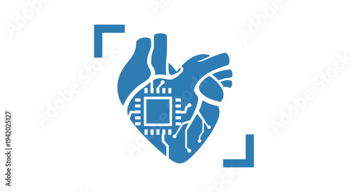 Stylized illustration of a human heart with a microchip inside.
