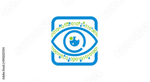 Digital Eye Logo with Binary Code and Iris Symbol.