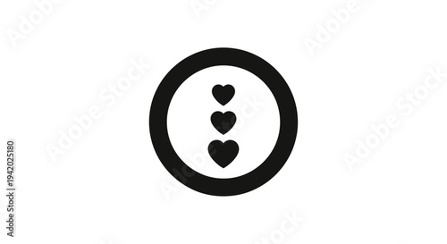 Simple black and white icon with three hearts inside a circle.