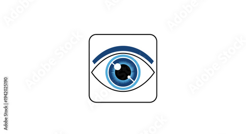 Simple blue eye icon with eyebrow on white background.