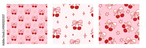 Seamless cherry pattern set with pink bows and ribbons. Cute coquette design featuring fresh fruit, romantic lace details, and girly vintage aesthetic for fabric or wallpaper.