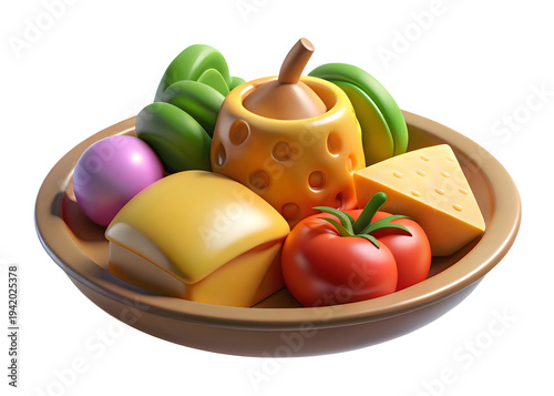A bowl of fruit and cheese on a white background