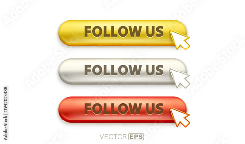 Set of glossy Follow Us buttons for social media. A mouse cursor highlights the call-to-action.