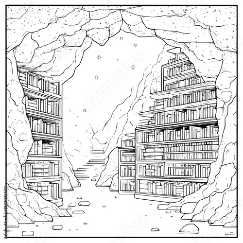 Bookshelves in Cave, Towering Bookcases in Rocky Cavern, Library Interior