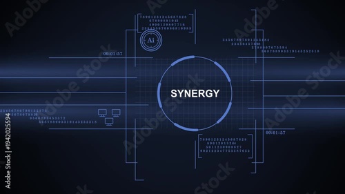 A high-tech digital user interface displaying complex data visualizations, network connections, and the word synergy centered within a circular frame on a dark blue background.