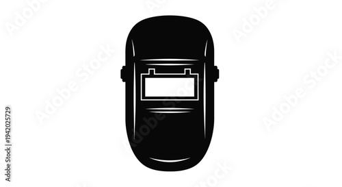 Black welding mask facing forward a stark visual silhouette