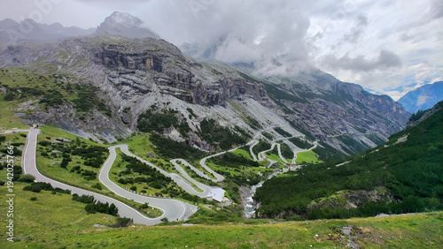 Stelvio pass winding road in italian alps mountains, Italy
