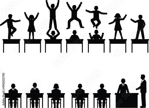 Students classroom behavior silhouettes showing active jumping and disciplined sitting with teacher teaching concept education school learning activity vector illustration set