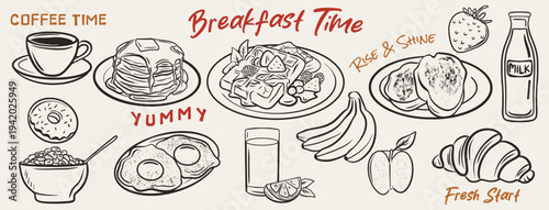 Hand-drawn Breakfast Food and Drink Illustrations Set