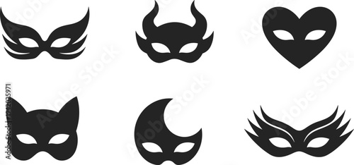 Masquerade carnival mask silhouettes collection featuring devil, cat, heart, crescent and feather styles, black vector icons for costume party isolated background