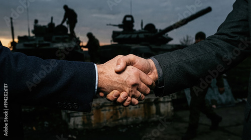 Professional Handshake Between Diplomats or Military Officials in Front of Main Battle Tanks at Sunset, Symbolic of Peace Treaty, International Alliance, or Arms Deal Agreement.