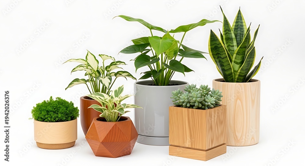 Fototapeta premium Several potted plants with different leaves and wooden planters on white background