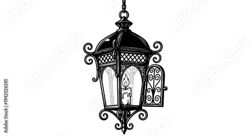 ornate vintage metal lantern with candle glow