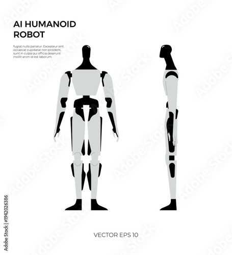Futuristic AI humanoid robot shown in front and profile view. Concept of artificial intelligence, robotics technology, machine learning, and future innovation.