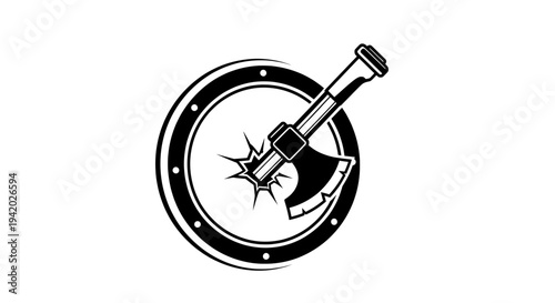 black and white axe on circular shield with hole