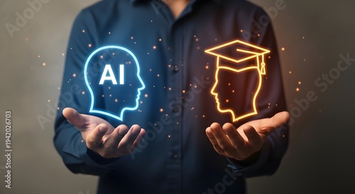 Man holding ai and education icons in his hands with a graduation cap