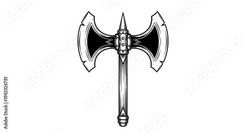 medieval metal axe with intricate patterned blade