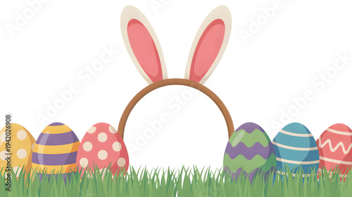 Colorful Easter eggs and bunny ears in grass isolated on white background