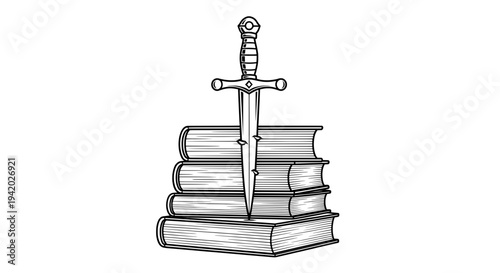 ornate sword resting on stacked books line drawing