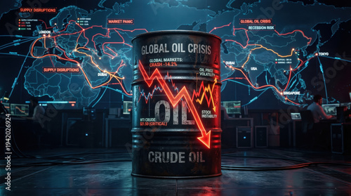 Global Oil Crisis Concept Featuring a Crude Oil Barrel with a Red Downward Market Trend Arrow and a Futuristic Digital World Map Data Background Representing Economic Recession.