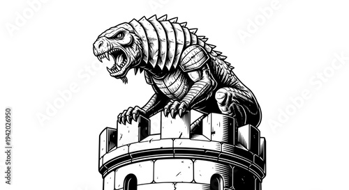 T-Rex perched on ancient stone castle tower roaring