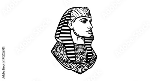 Ancient Egyptian pharaoh head line drawing with intricate headdress