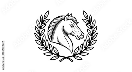 serene horse head encircled by laurel wreath line drawing