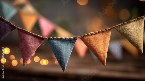 Close-up of colorful fabric bunting flags strung on twine with bokeh lights in the background