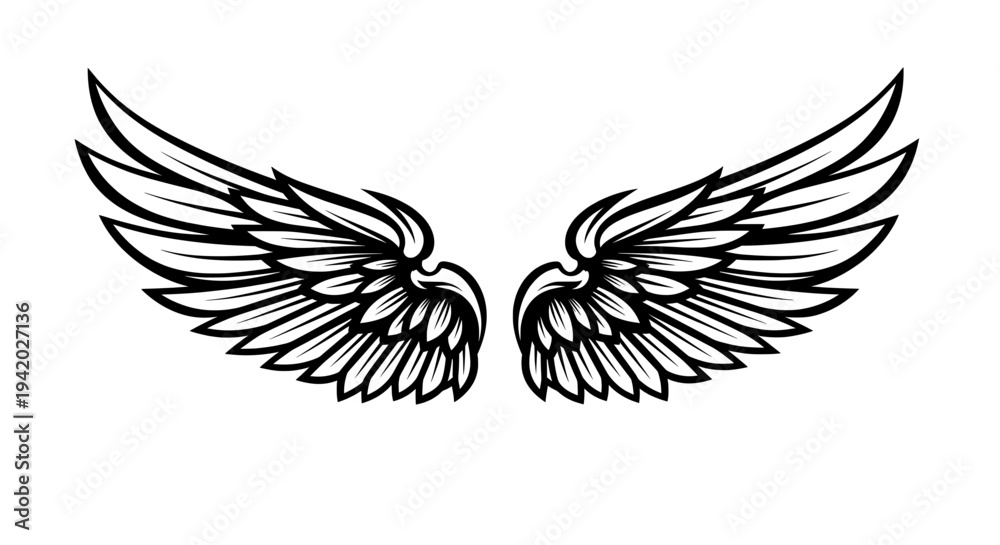 Obraz premium symmetrical black and white line drawing of pointed wings