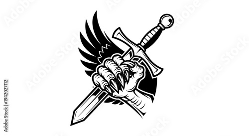 black and white hand gripping curved sword with crossguard