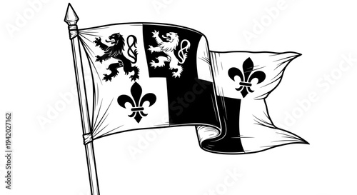 black and white flag with coat of arms and lions