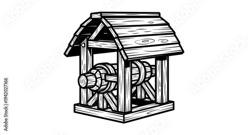 black and white line drawing of a wooden windmill with wheels