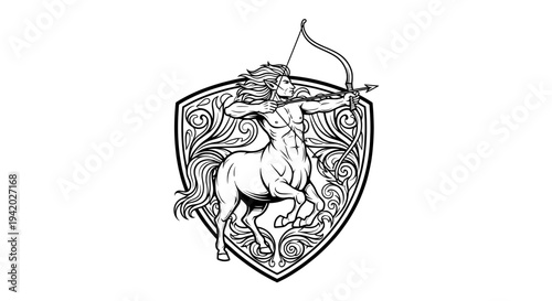 black and white shield with archer and galloping horse
