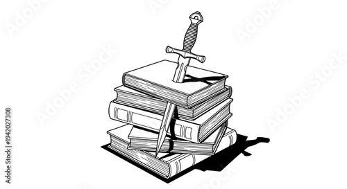 Stack of books with sword on top black and white