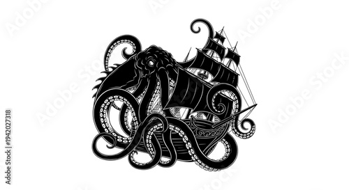 mystical octopus with pirate ship in detailed black and white