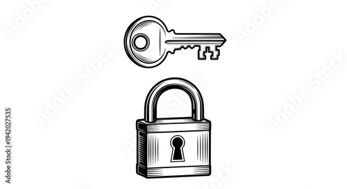 minimalist black and white key and padlock line drawing