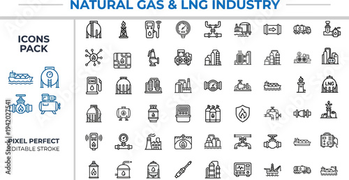 Natural Gas and LNG Industry Outline Vector Icon Set — Liquefied Natural Gas, Pipeline, Energy Production, Storage and Gas Processing Editable Stroke Icons